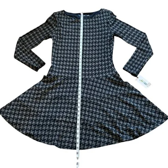Ivanka Trump Dress Drop Waist Flare Black Grey/white Houndstooth Long Sleeve - Picture 3 of 9
